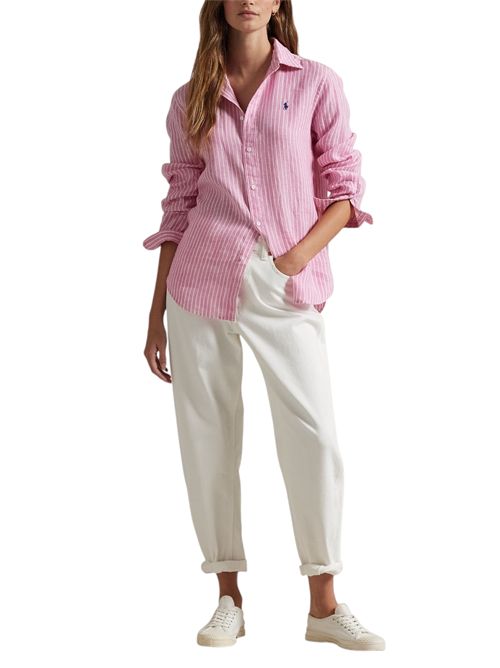 camicia donna in lino a righe rosa e bianco Ralph Lauren | 211970691001